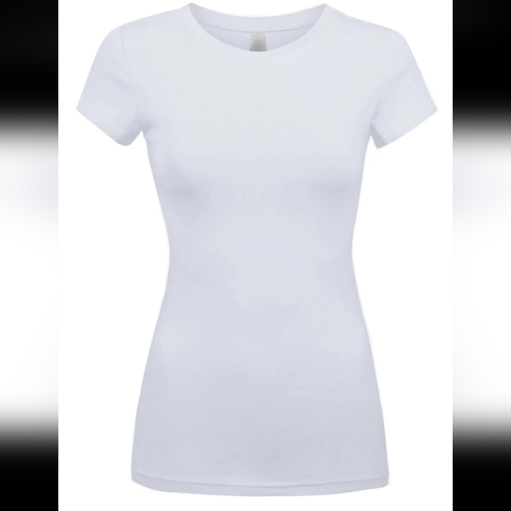White round neck short sleeve basic casual solid stretchy fitted tee shirt top